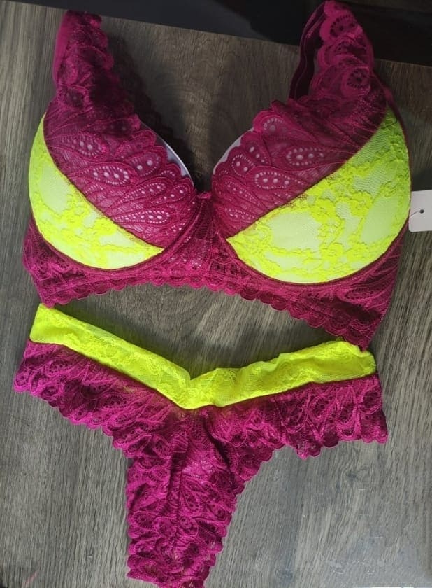 Conjunto Lingerie Com Bojo Em Renda Neon Bicolor - Imagem 2